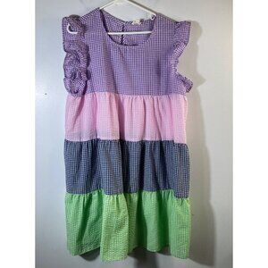 Womens Bibi Gingham Tiered Dress Lettuce Sleeve Multicolored XL Polyester Cotton